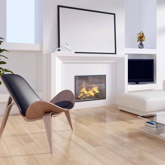a white living room with an electric fireplace