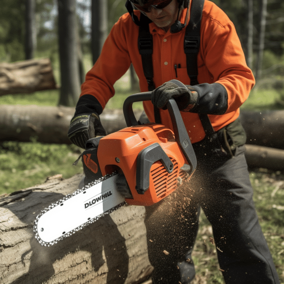 electric chainsaw buzzes as man trims branches