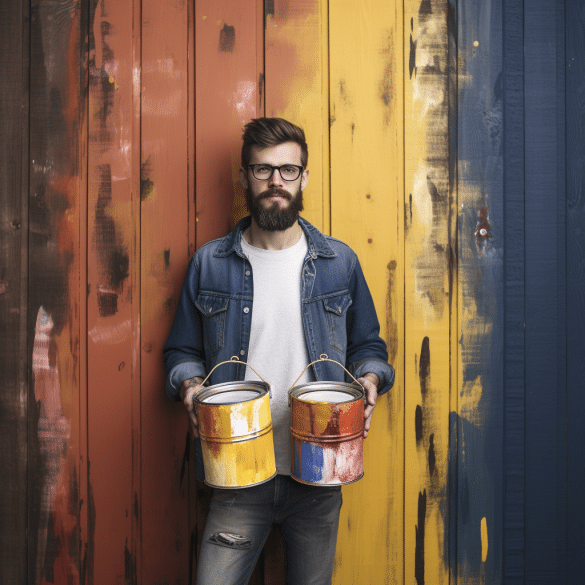 man carries paint for wooden surfaces