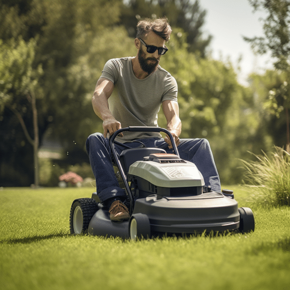 man checks clutch on electric lawn mower