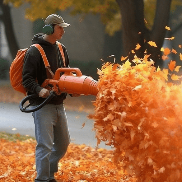 man cleans garden with powerful vacuum cleaner