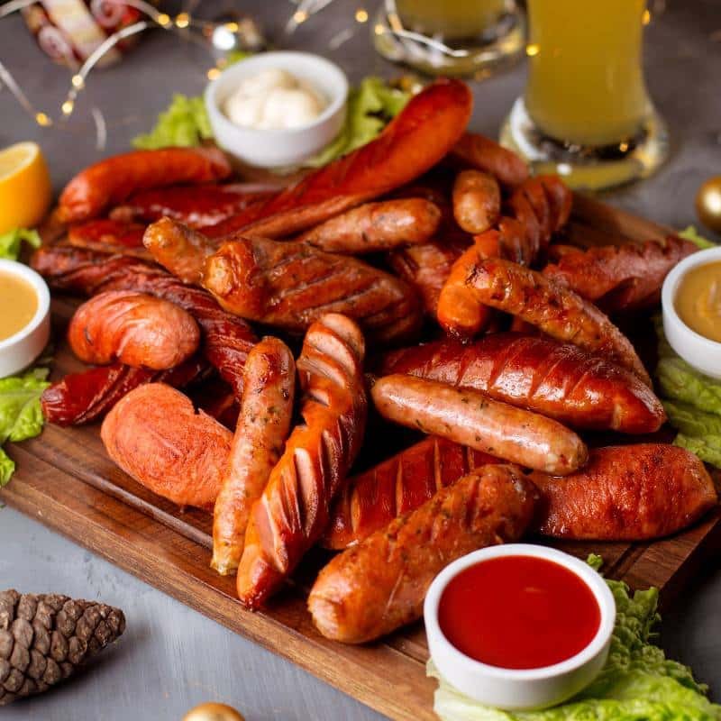 mixed fried sausages with ketchup and mustard