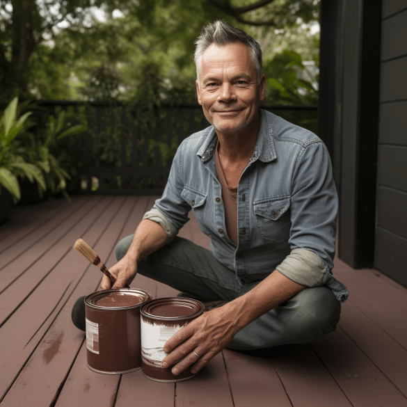 the man applies decking oil to protect the wood