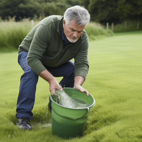 the man nourishes his lawn with liquid feed