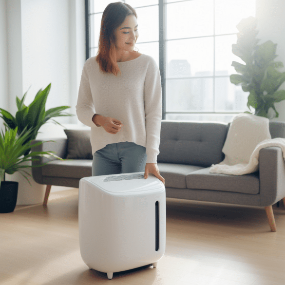 the woman cleans the dehumidifier diligently