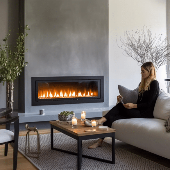 the woman enjoys her electric fireplaces warm glow
