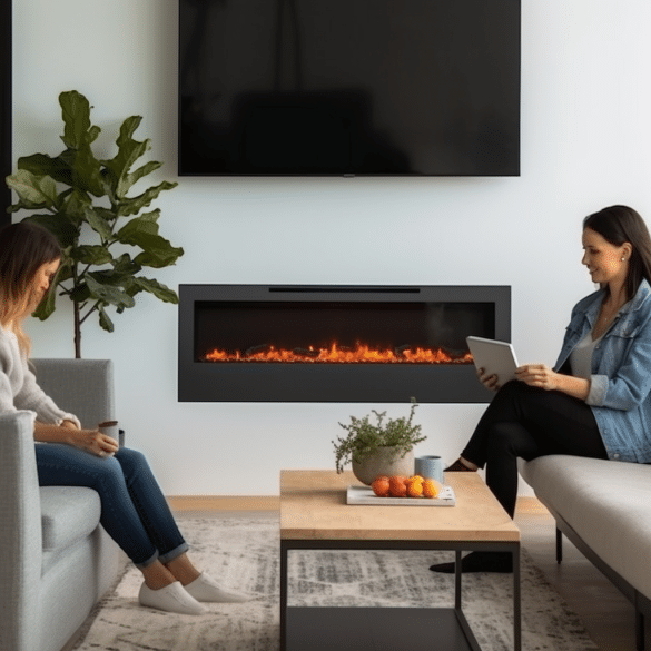 woman cozily warms up by electric fireplace