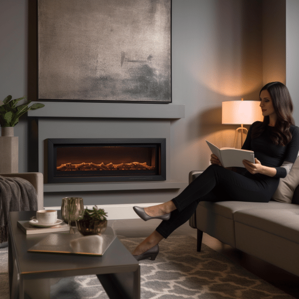 woman enjoys her electric fireplaces cozy warmth