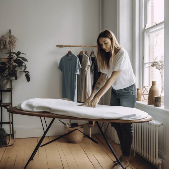 woman smooths wrinkles with ironing board cover